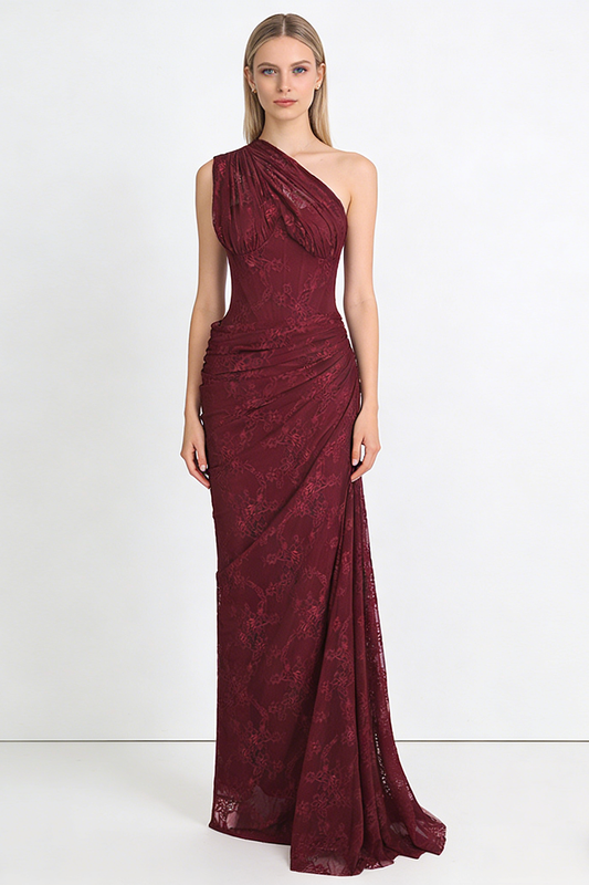 Ellalabel nancy burgundy One Shoulder Lace Maxi Dress in Burgundy - Crafted from Intricate Lace Fabrication- Ideal for Wedding Guest and Formal Galas.