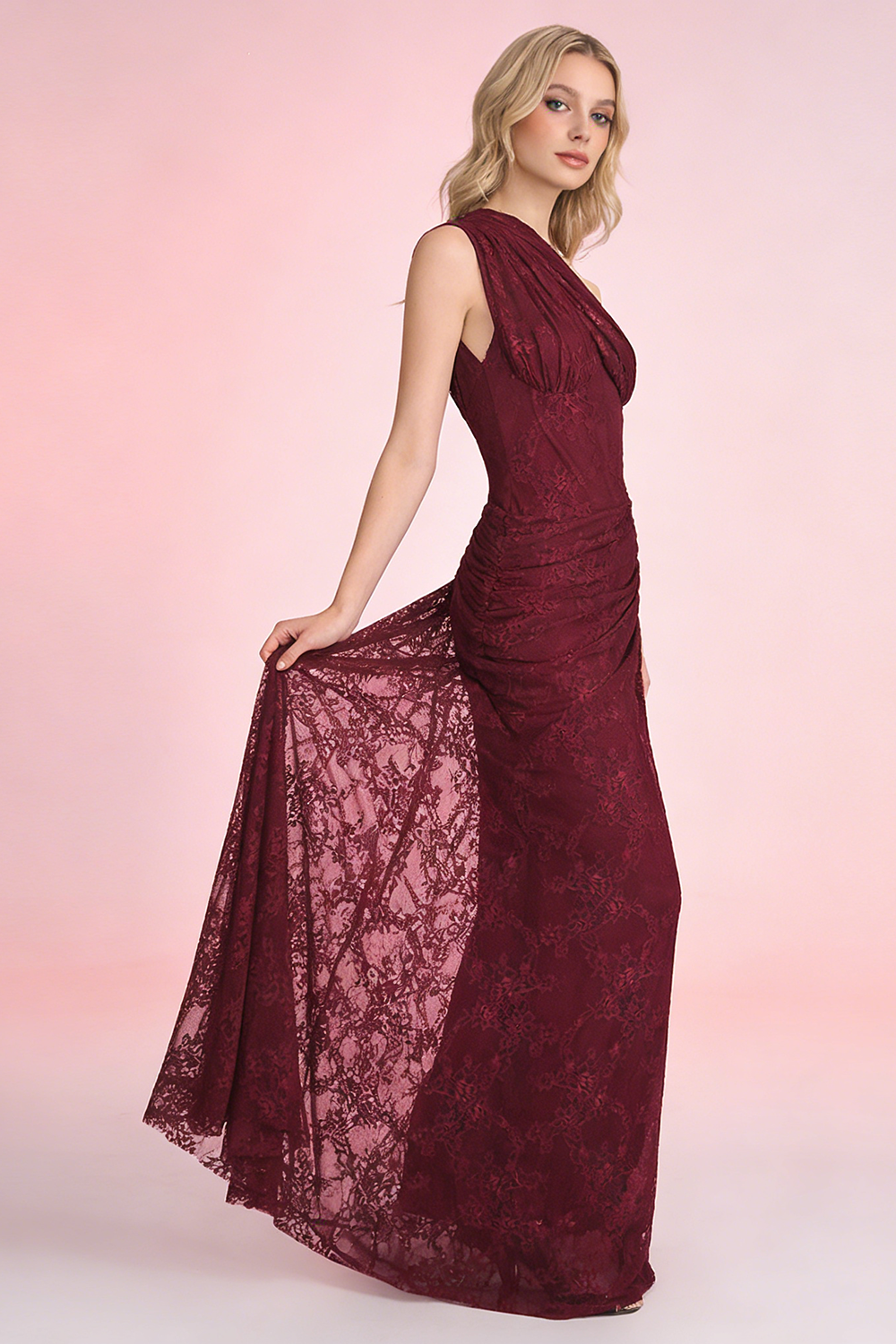 nancy burgundy One Shoulder Lace Maxi Dress