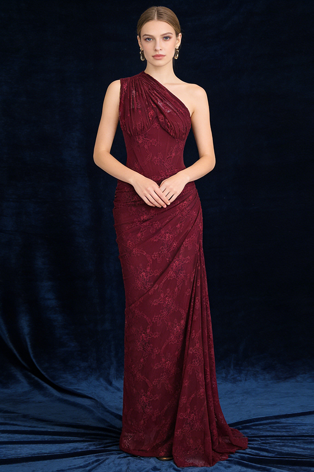 nancy burgundy One Shoulder Lace Maxi Dress
