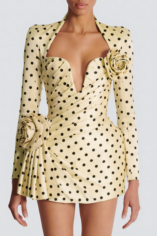 Ellalabel Ostelle Polka Dots Satin Mini Dress - Yellow - Crafted from Glossy Silk Satin- Best for Cocktail Parties and Night Out.