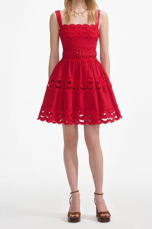 Ellalabel Linen Lace Insert Mini Dress in red - Crafted from Intricate Lace Fabrication- Best for Cocktail Parties and Night Out.