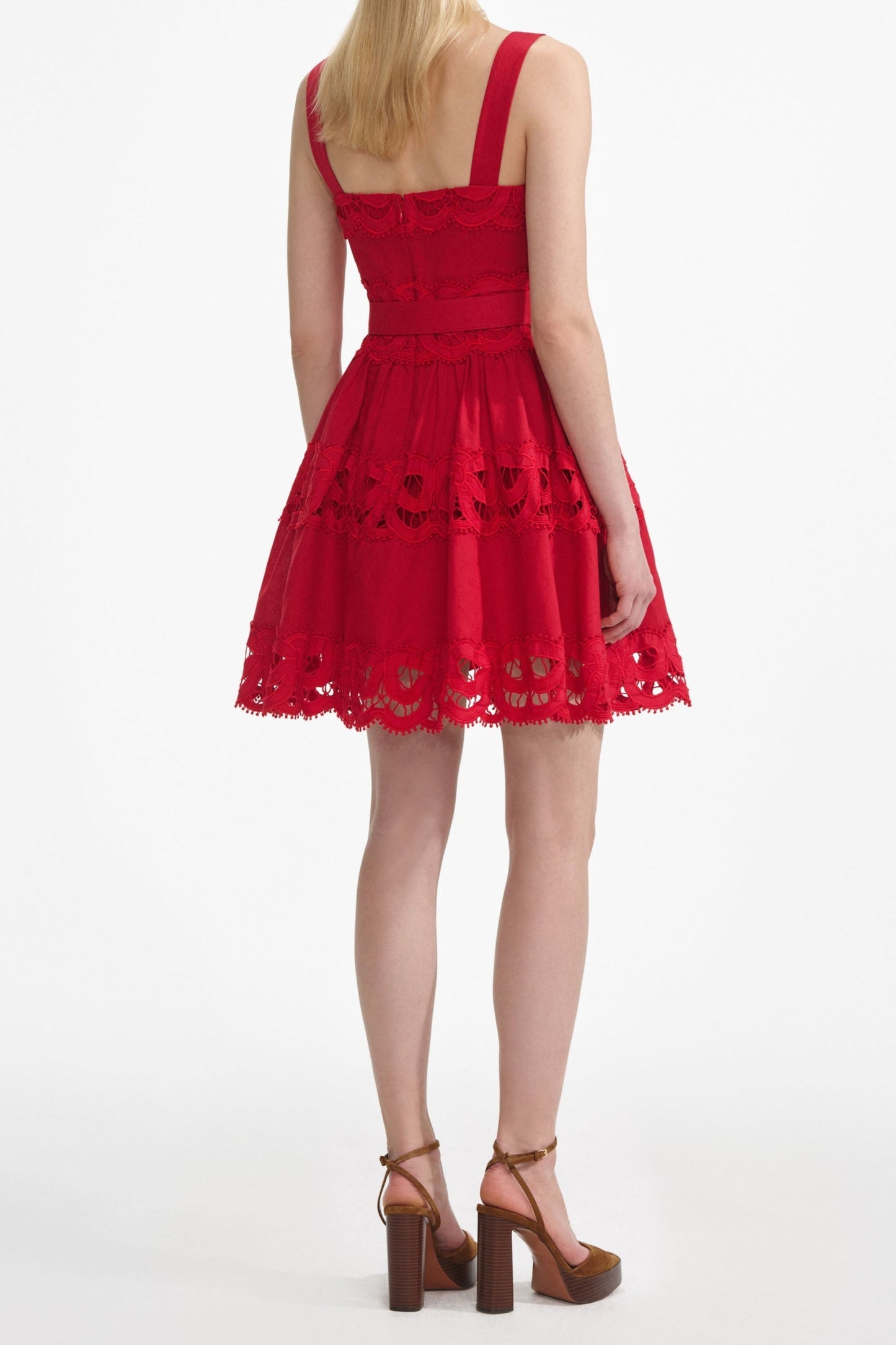 Linen Lace Insert Mini Dress in red - Stylish red dress for special occasions | Buy Online