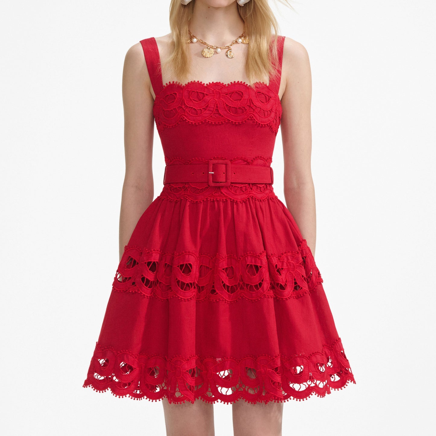 Linen Lace Insert Mini Dress in red - Stylish red dress for special occasions | Buy Online