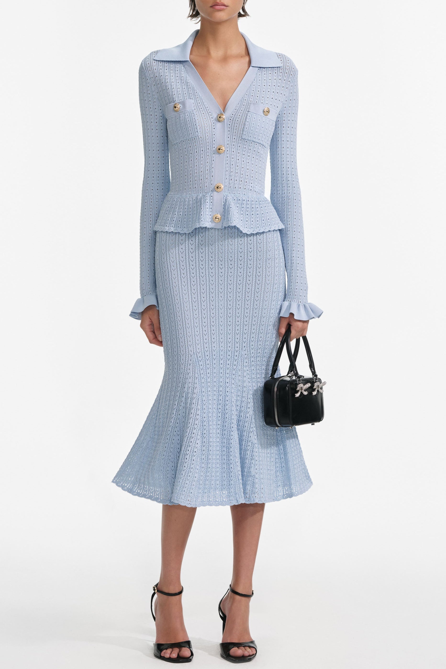 Alexander Blue Pointelle Peplum Knit Midi Dress