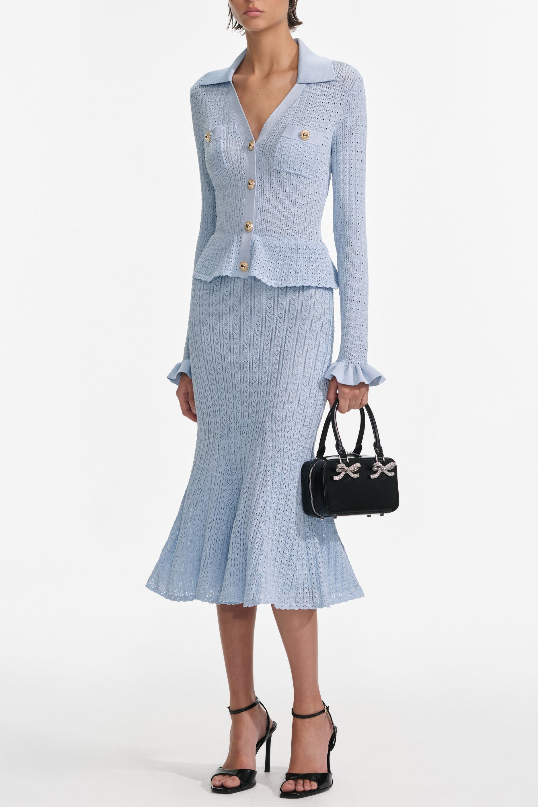 Alexander Blue Pointelle Peplum Knit Midi Dress