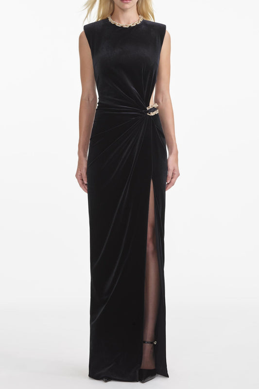 Ellalabel joa Black Velvet Embellished Maxi Dress - Crafted from Luxury Velvet- Ideal for Wedding Guest and Formal Galas.