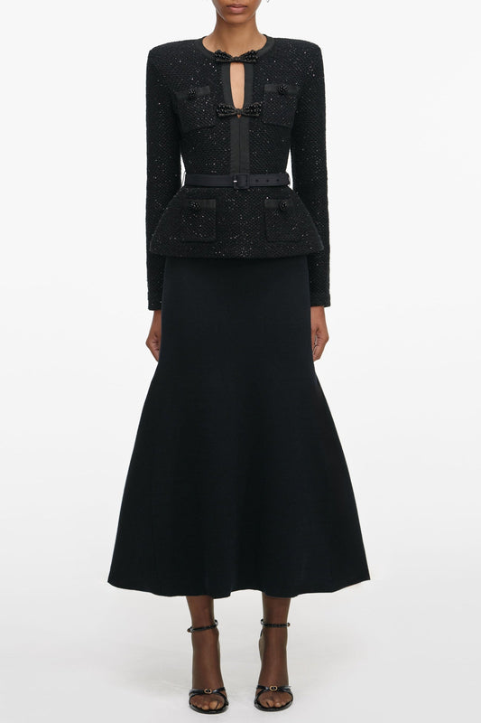 Ellalabel Isabella Black Sequin Knit Tailored Midi Dress - Crafted from Shimmering Hand-stitched Sequins- Perfect for Garden Parties and Resort Wear.