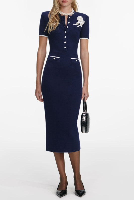 Ellalabel Aubrey Navy Crochet Flower Knit Midi Dress - Crafted from Soft-touch Fine Knit- Perfect for Garden Parties and Resort Wear.