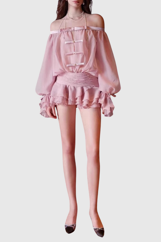 Ellalabel Raylene Off Shoulder Bow Ruffle Mini Dress - Pink - Crafted from High-quality Fabrication- Best for Cocktail Parties and Night Out.