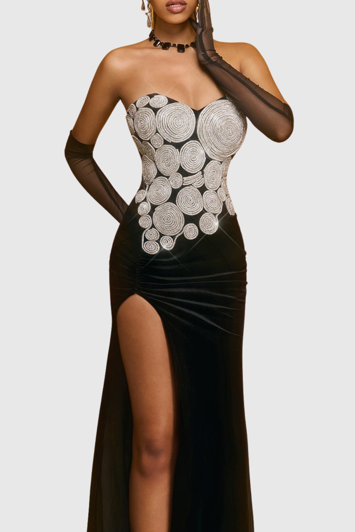 jennifer Crystal Strapless Velvet Split Maxi Dress