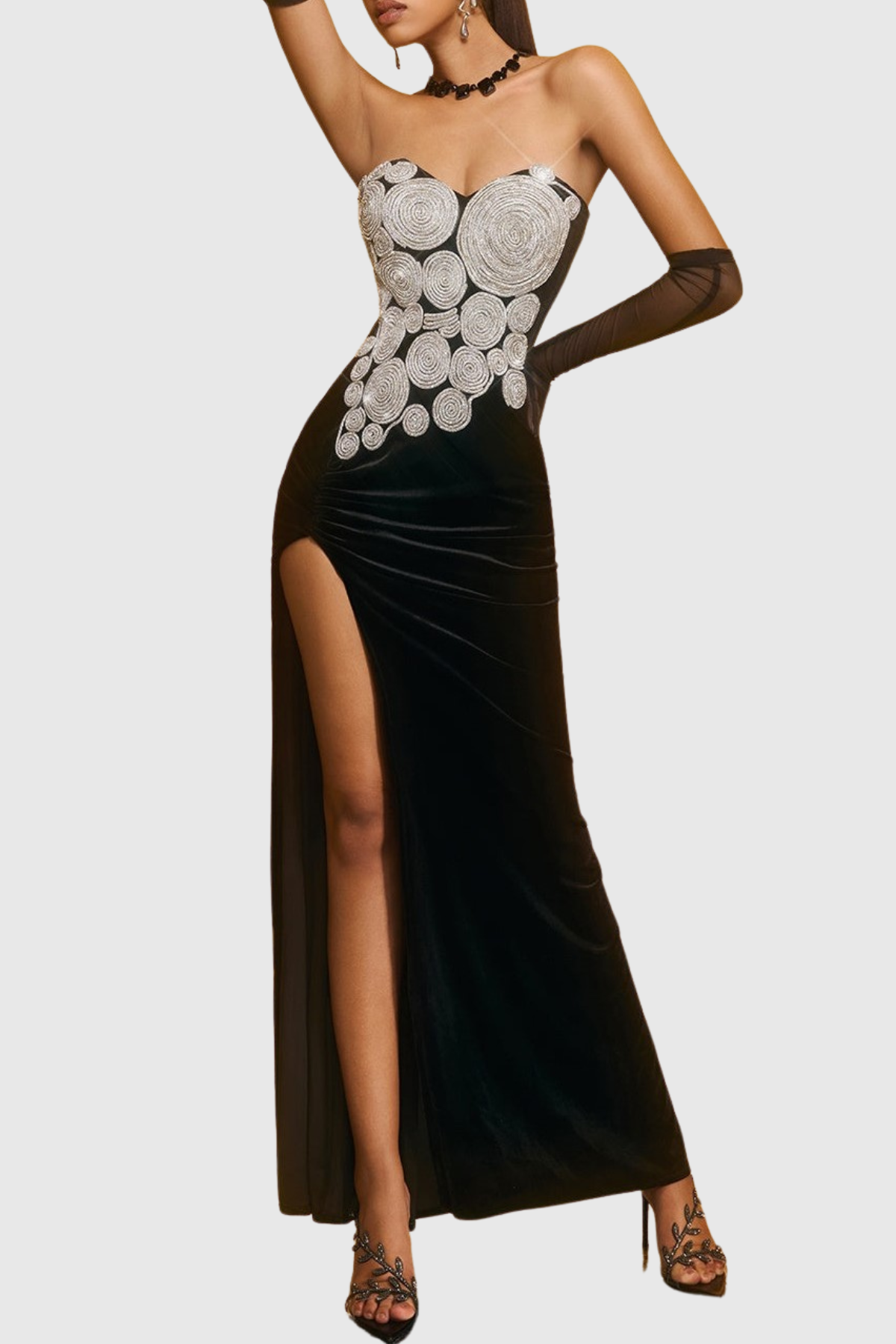 jennifer Crystal Strapless Velvet Split Maxi Dress