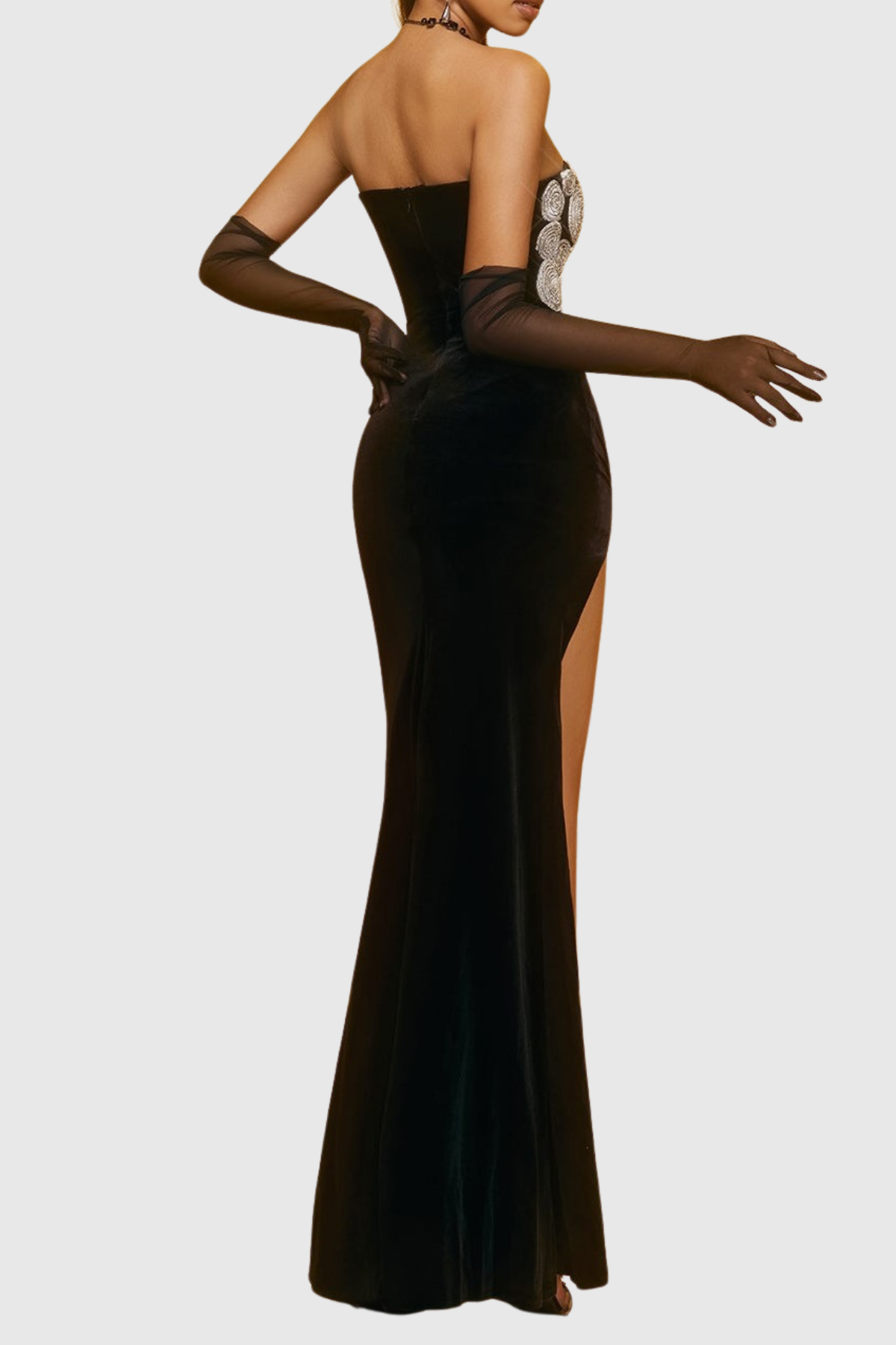 jennifer Crystal Strapless Velvet Split Maxi Dress