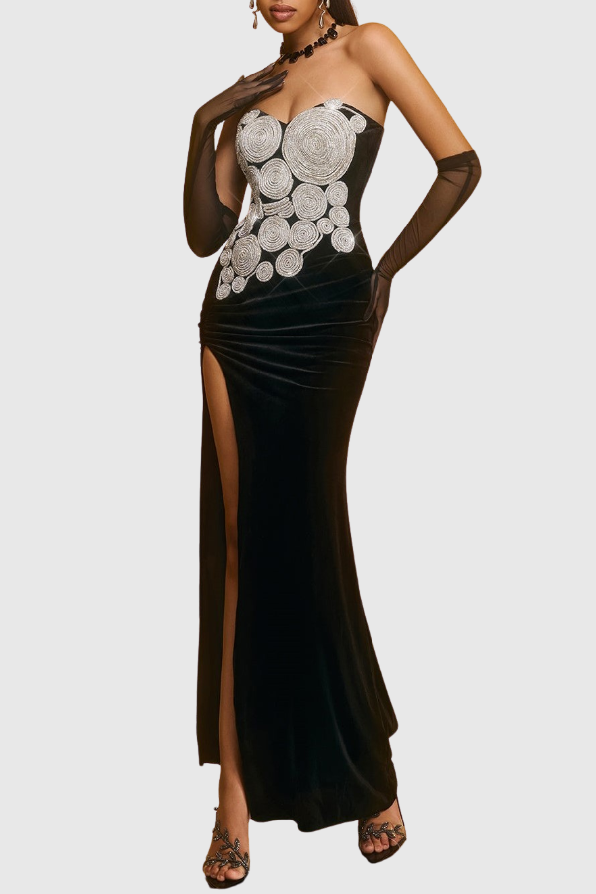 jennifer Crystal Strapless Velvet Split Maxi Dress