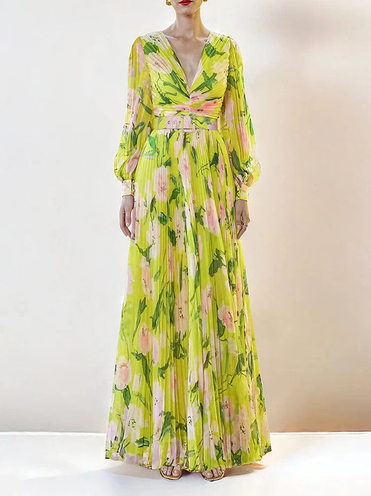 Ellalabel bertha floral print pleated lantern sleeve maxi dress in yellow in Yellow - Crafted from High-quality Fabrication- Ideal for Wedding Guest and Formal Galas.