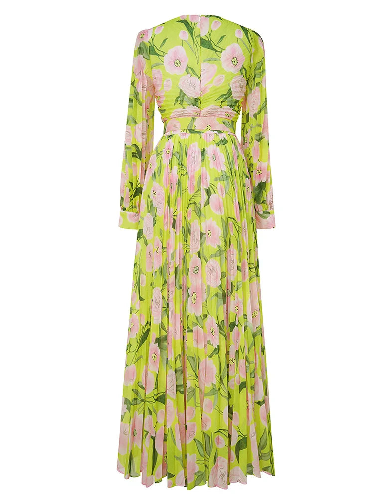 bertha floral print pleated lantern sleeve maxi dress in yellow