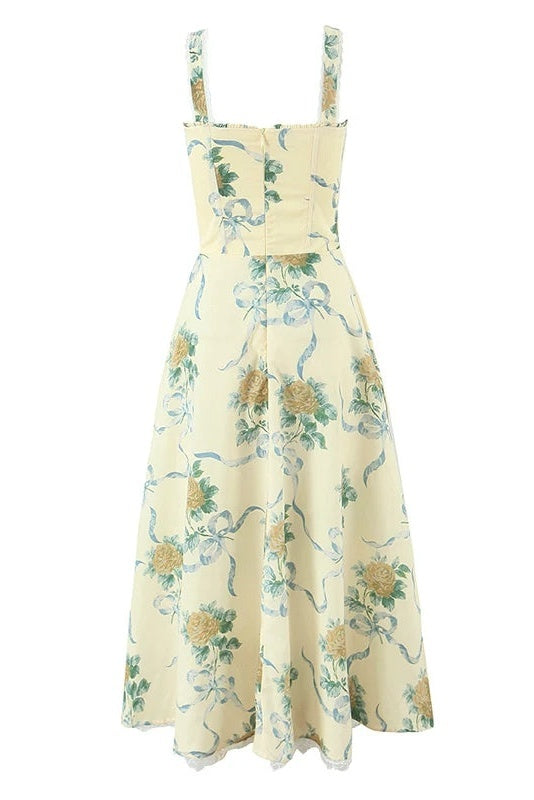 daphne Floral Print Sweetheart Midi Dress in yellow - Stylish yellow dress for special occasions | Buy Online