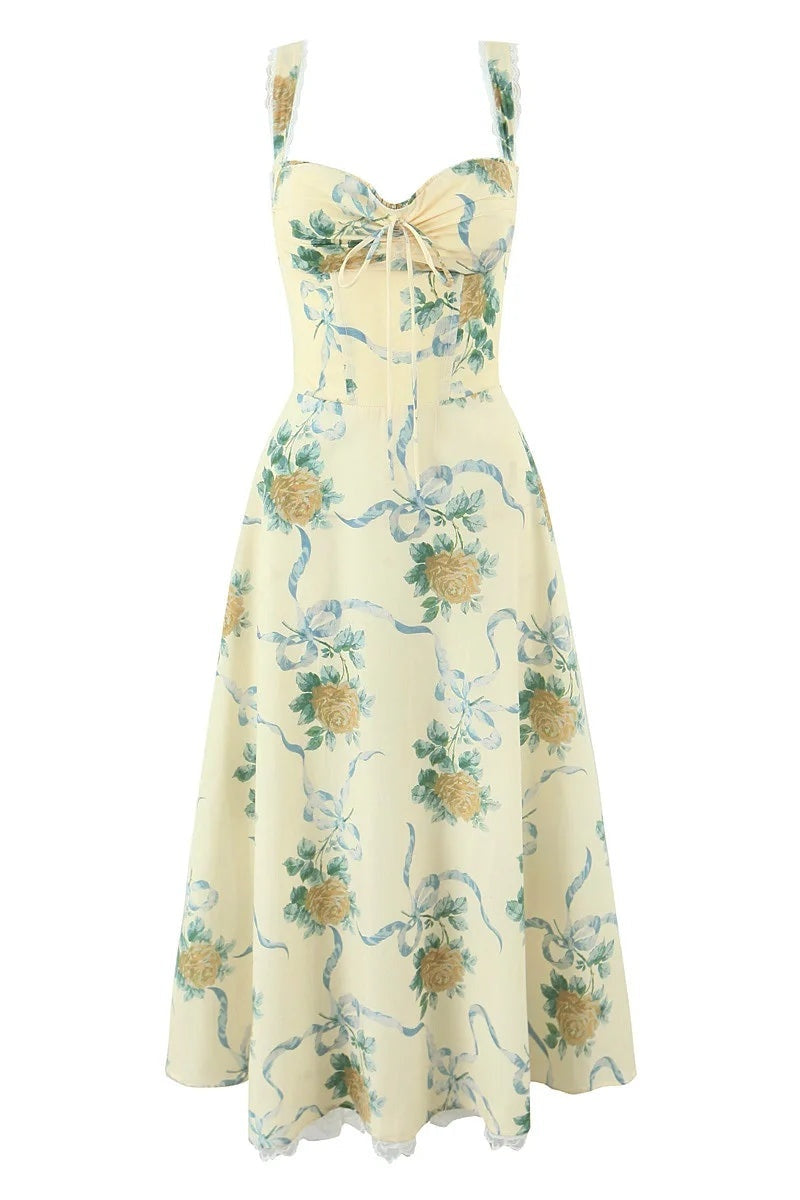 daphne Floral Print Sweetheart Midi Dress in yellow