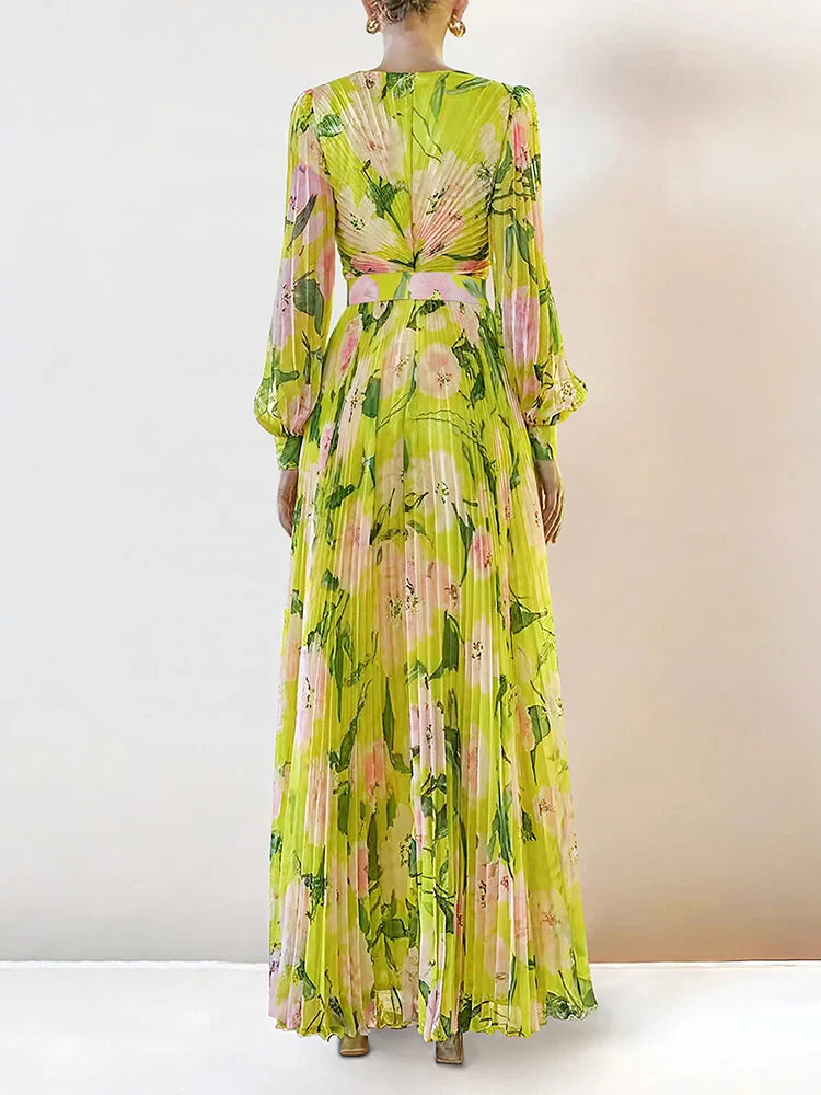 bertha floral print pleated lantern sleeve maxi dress in yellow