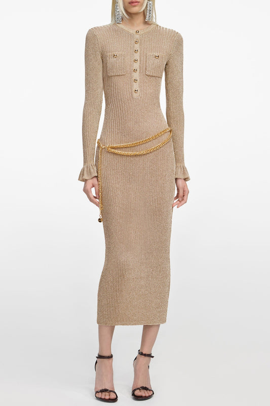 Ellalabel lauren Gold Lurex Ribbed Knit Midi Dress - Crafted from Soft-touch Fine Knit- Perfect for Garden Parties and Resort Wear.