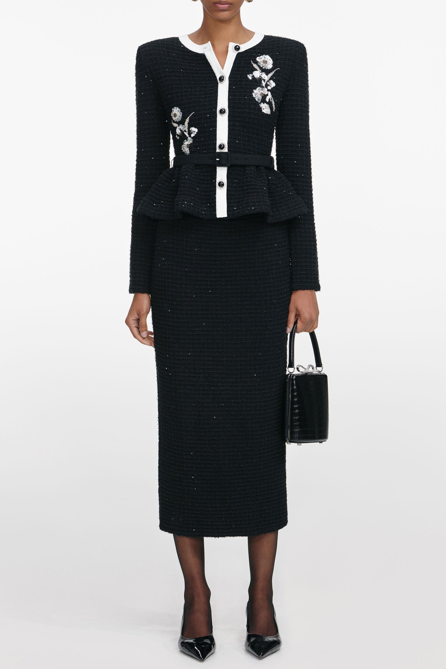 Roxanne Black Floral Textured Knit Midi Dress