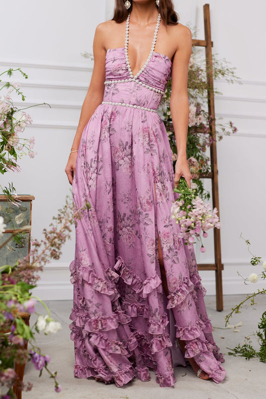 Ellalabel rachel rhinestone embellished print layer maxi Dress in Lilac in Lilac - Crafted from High-quality Fabrication- Ideal for Wedding Guest and Formal Galas.