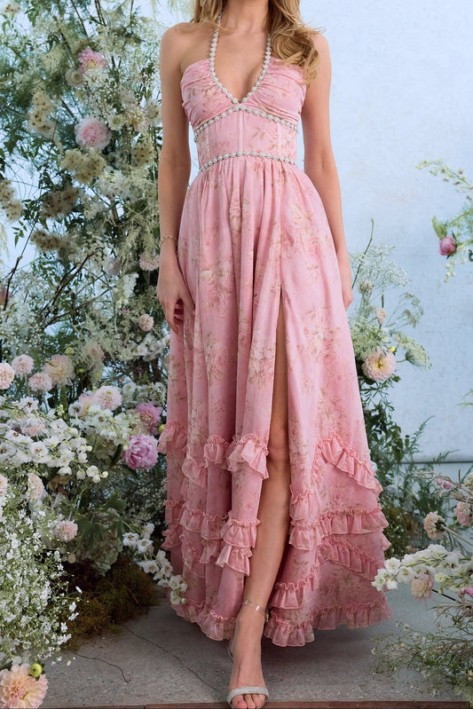 Ellalabel rachel rhinestone embellished print layer maxi Dress in Light Pink in Light Pink - Crafted from High-quality Fabrication- Ideal for Wedding Guest and Formal Galas.