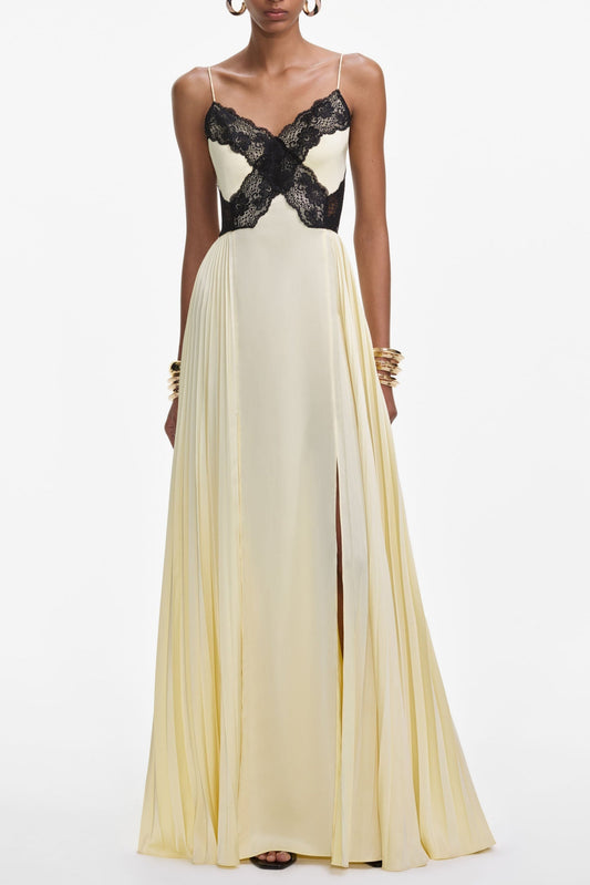 Ellalabel josephine Yellow Satin Lace Maxi Dress - Crafted from Glossy Silk Satin- Ideal for Wedding Guest and Formal Galas.