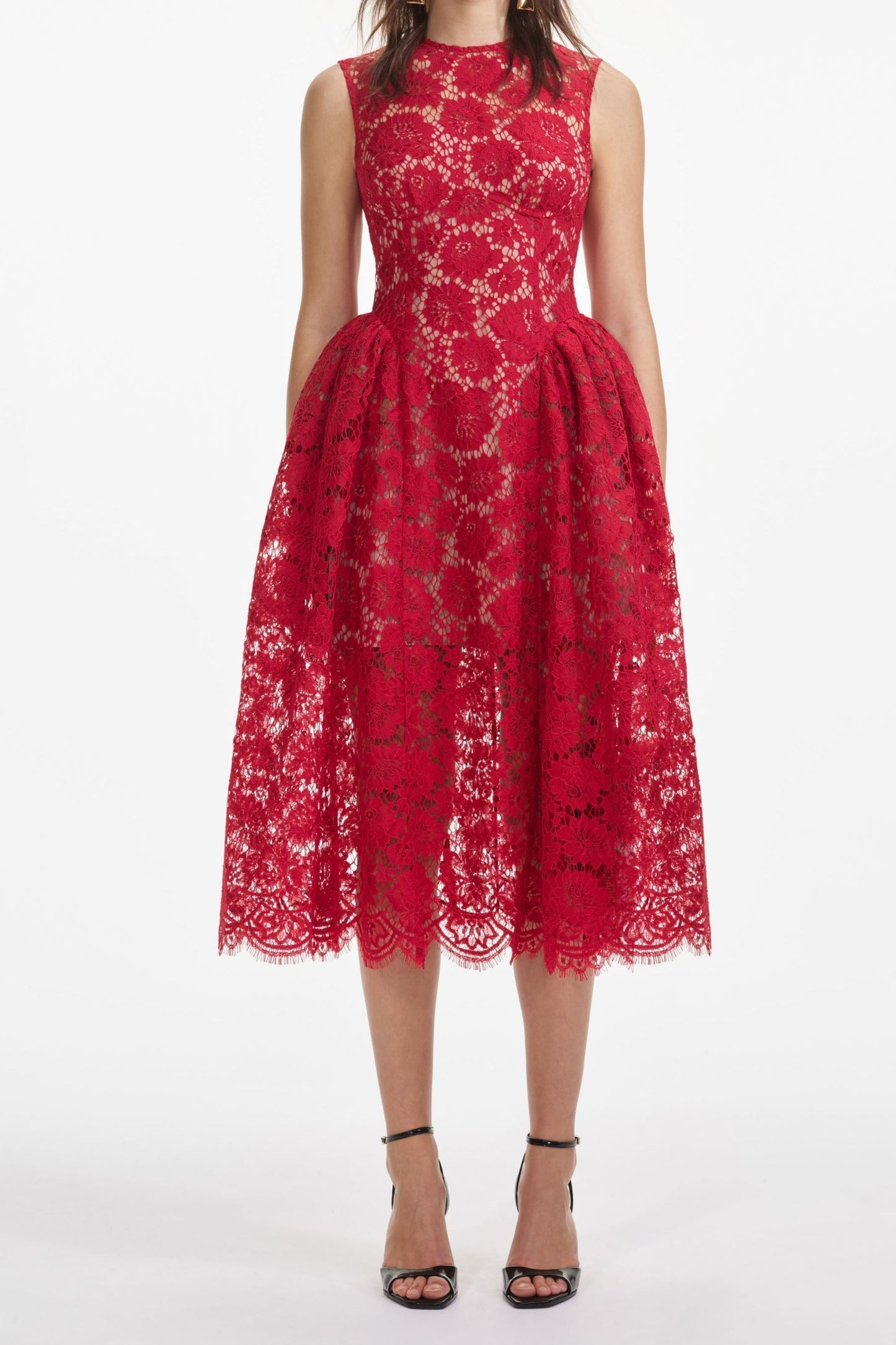 Shop  red dress - Perfect for special occasions | brenda Lace hollow Midi Dress in red