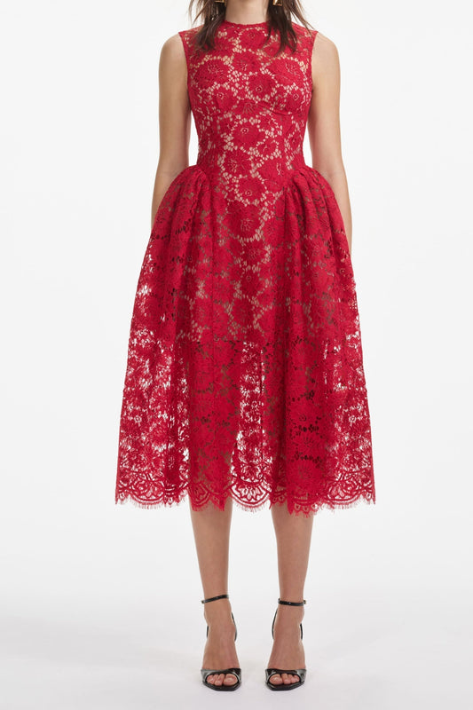 Ellalabel brenda Lace hollow Midi Dress in red - Crafted from Intricate Lace Fabrication- Perfect for Garden Parties and Resort Wear.