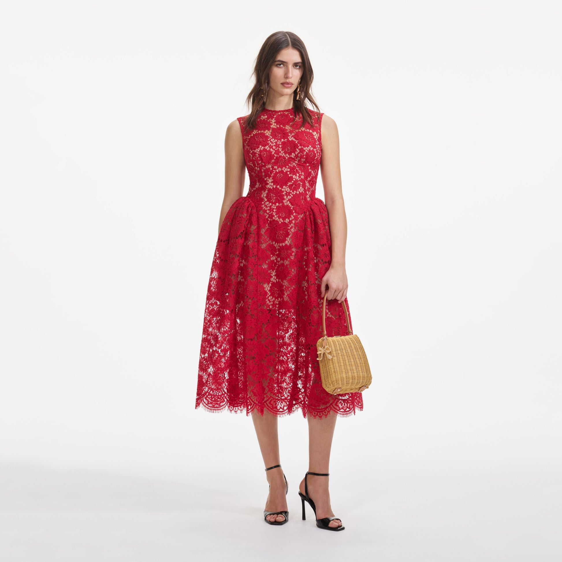 brenda Lace hollow Midi Dress in red
