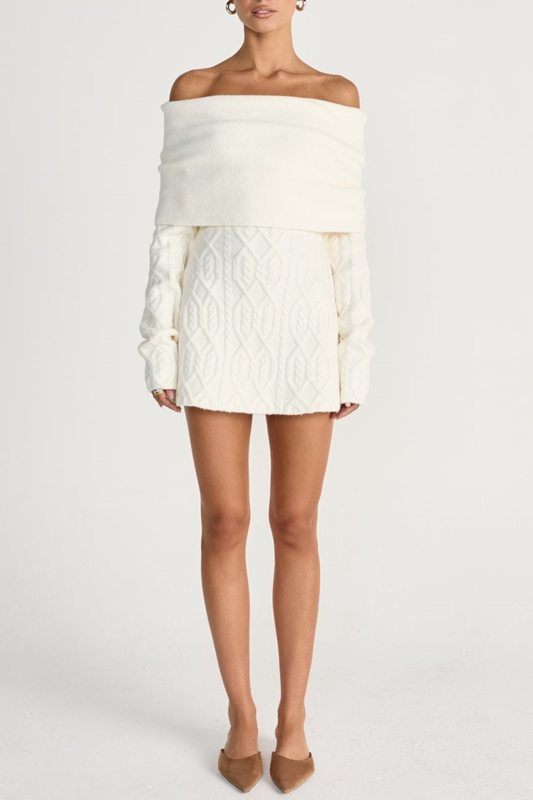 Ellalabel Sofia Off Shoulder Knit Mini Dress - White - Crafted from Soft-touch Fine Knit- Best for Cocktail Parties and Night Out.