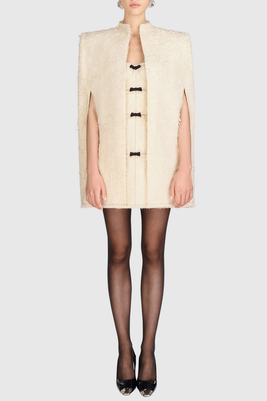 Ellalabel Santos Jacquard Beaded Cape - Beige - Crafted from High-quality Fabrication - Designed for Elegant Occasions.