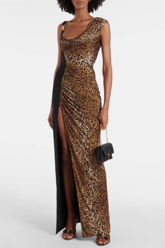 Ellalabel Sayera Leopard Ruched Maxi Dress - Crafted from High-quality Fabrication- Ideal for Wedding Guest and Formal Galas.