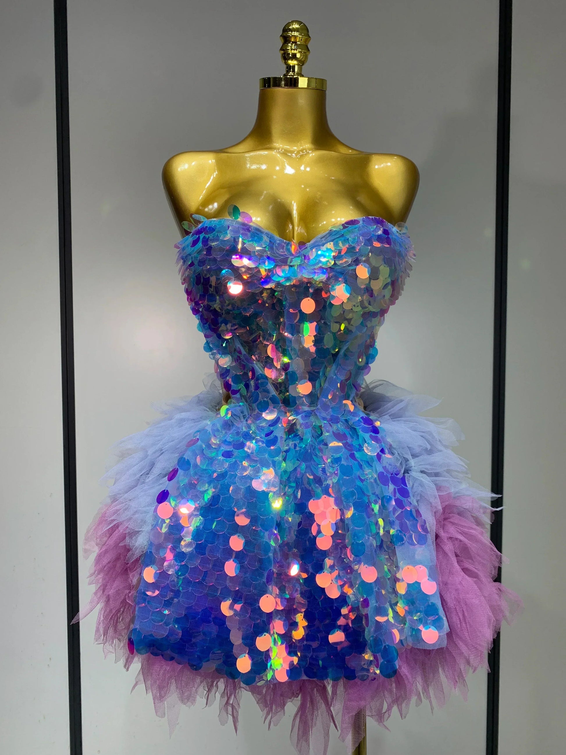 Ruby Sparkly Sequins Ruffles Backless Two Pieces Set