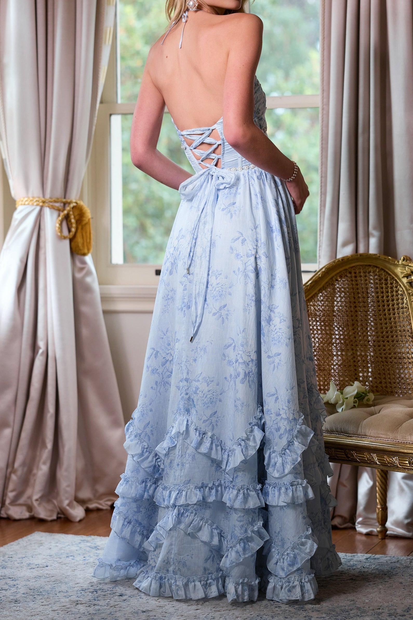 rachel rhinestone embellished print layer maxi Dress in Blue