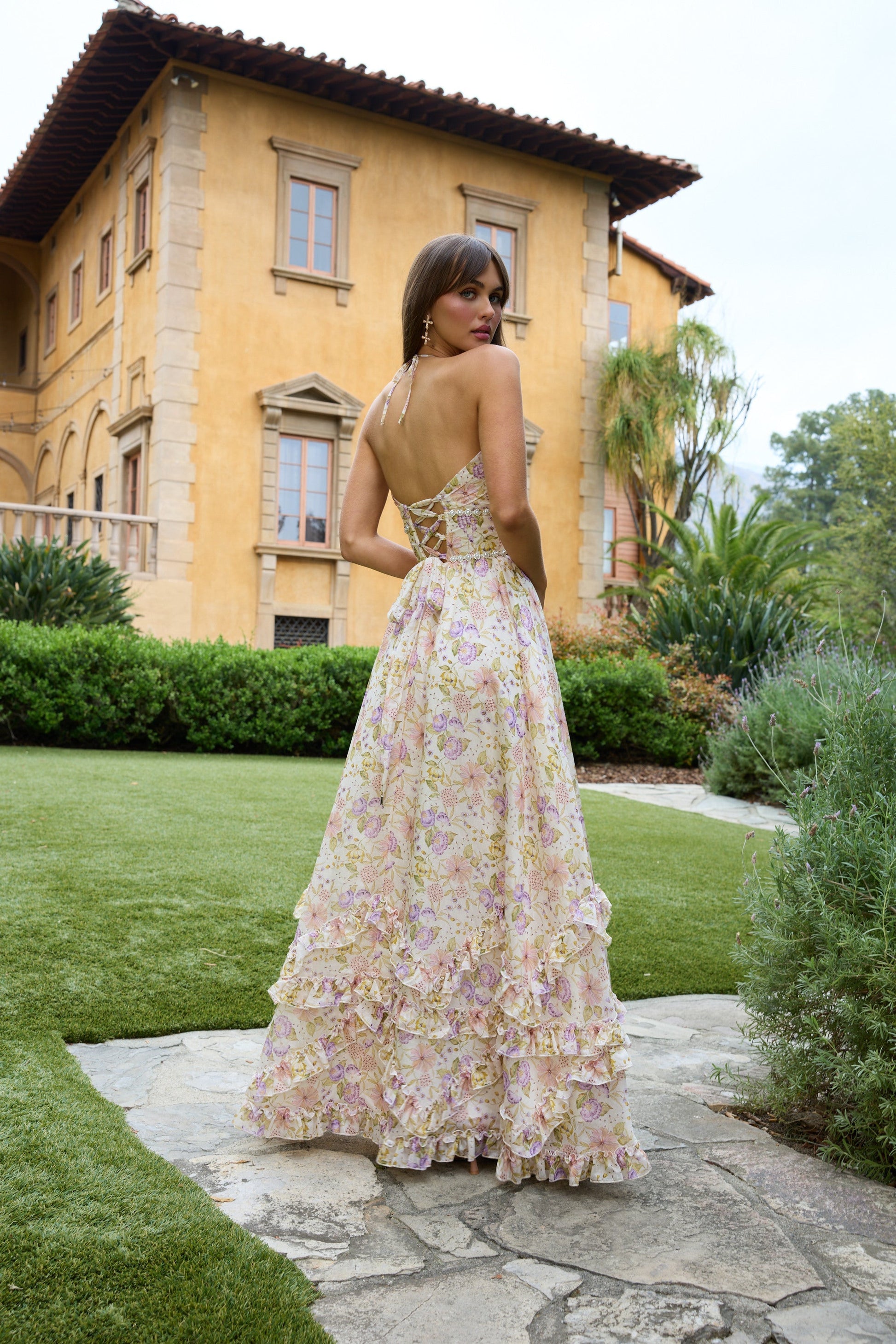 rachel rhinestone embellished print layer maxi Dress in yellow