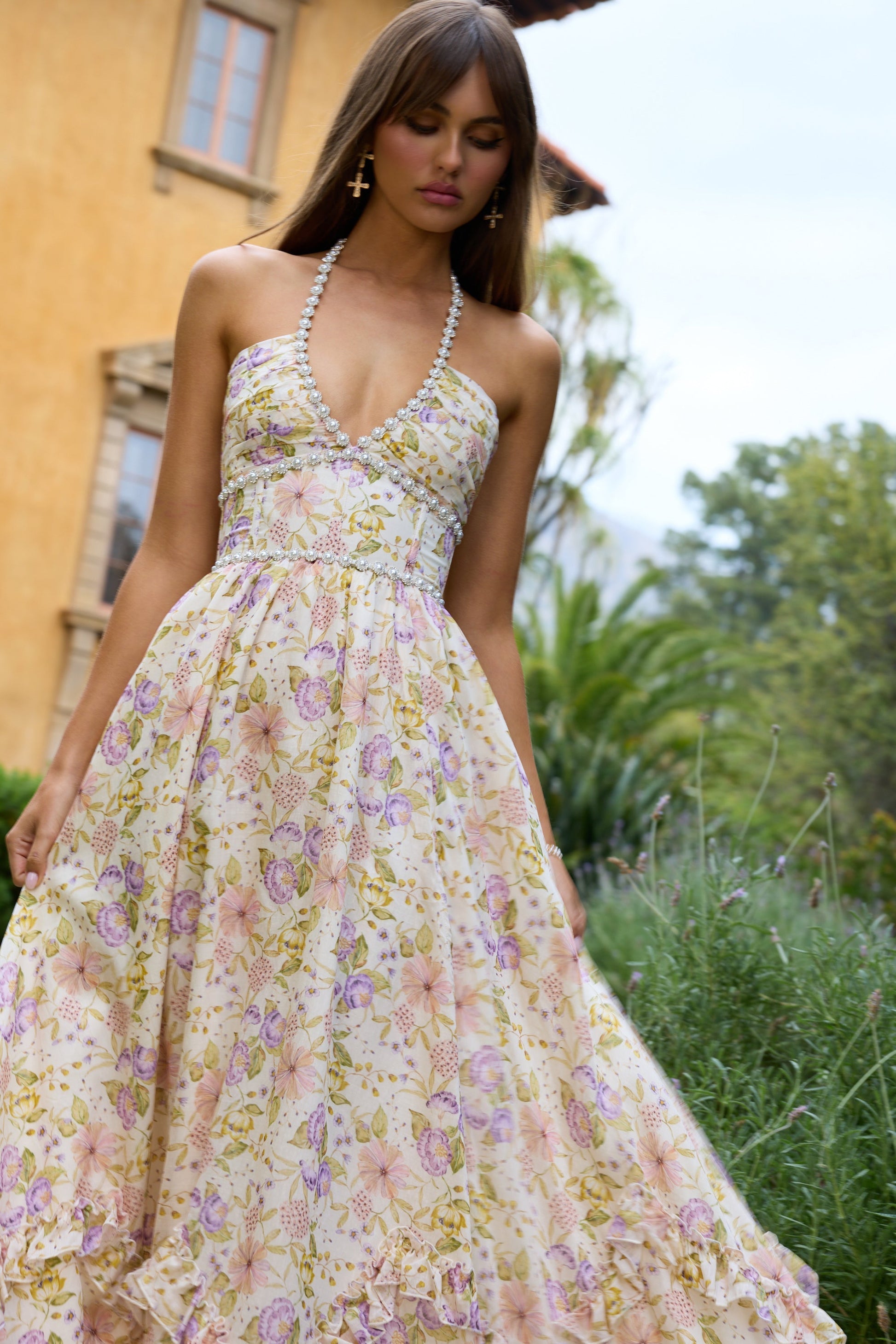 rachel rhinestone embellished print layer maxi Dress in yellow