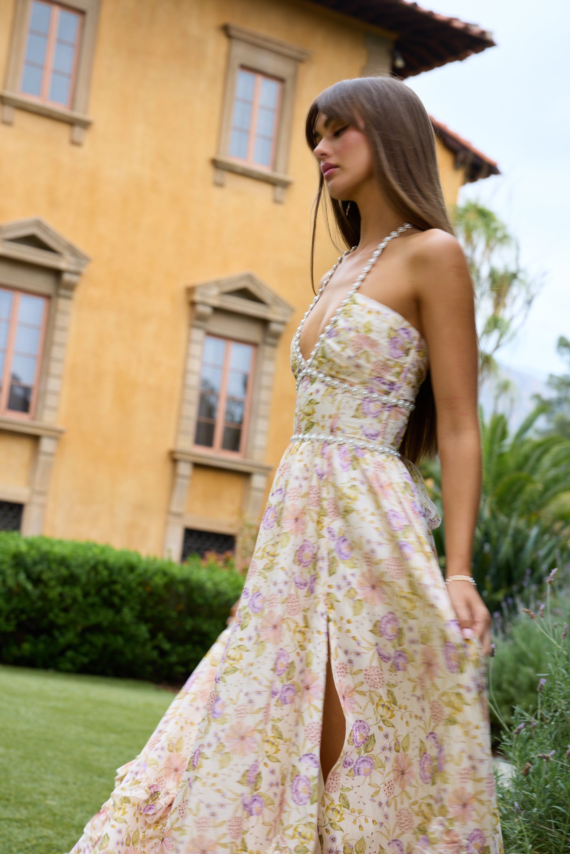 rachel rhinestone embellished print layer maxi Dress in yellow