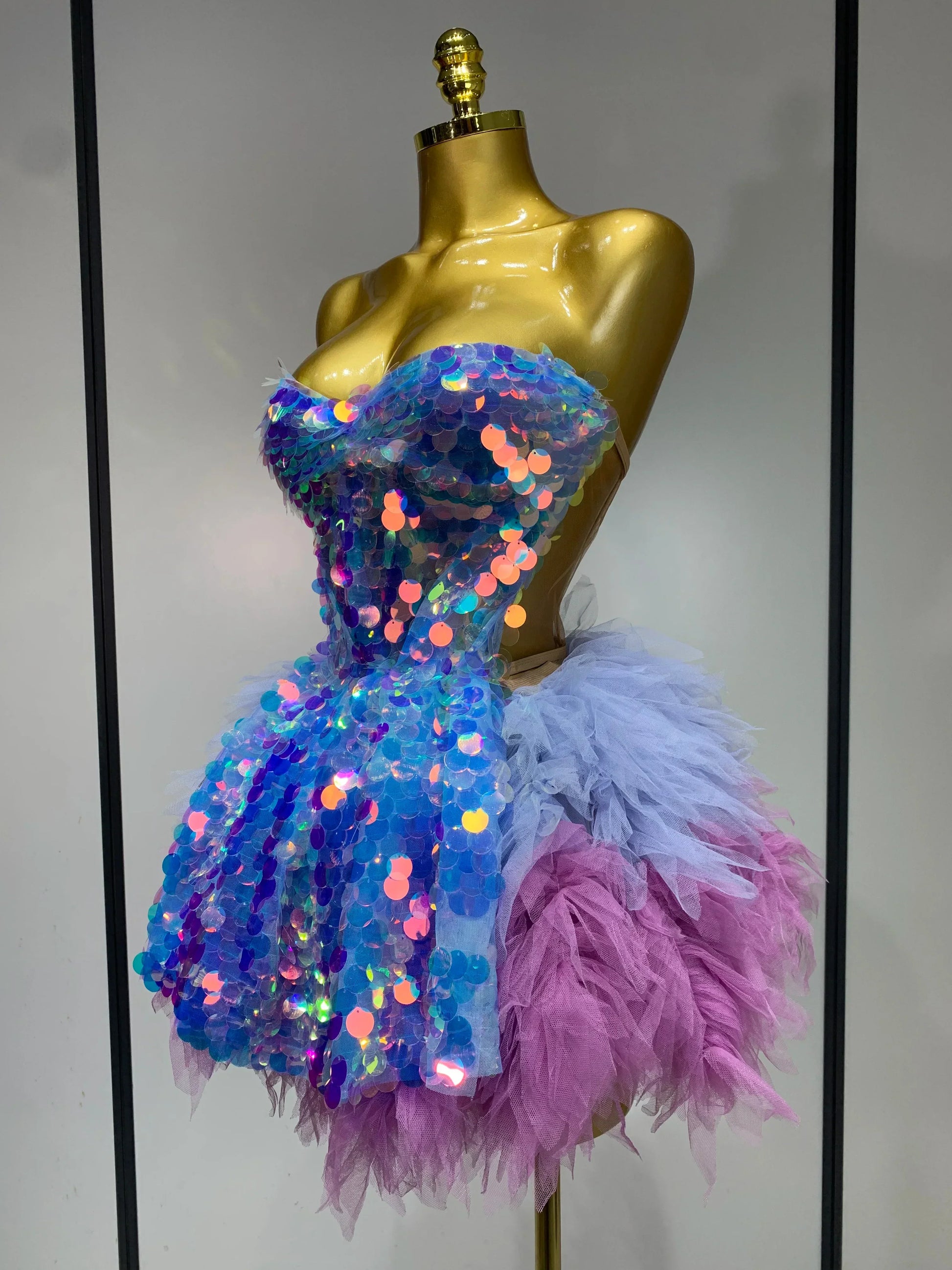 Ruby Sparkly Sequins Ruffles Backless Two Pieces Set