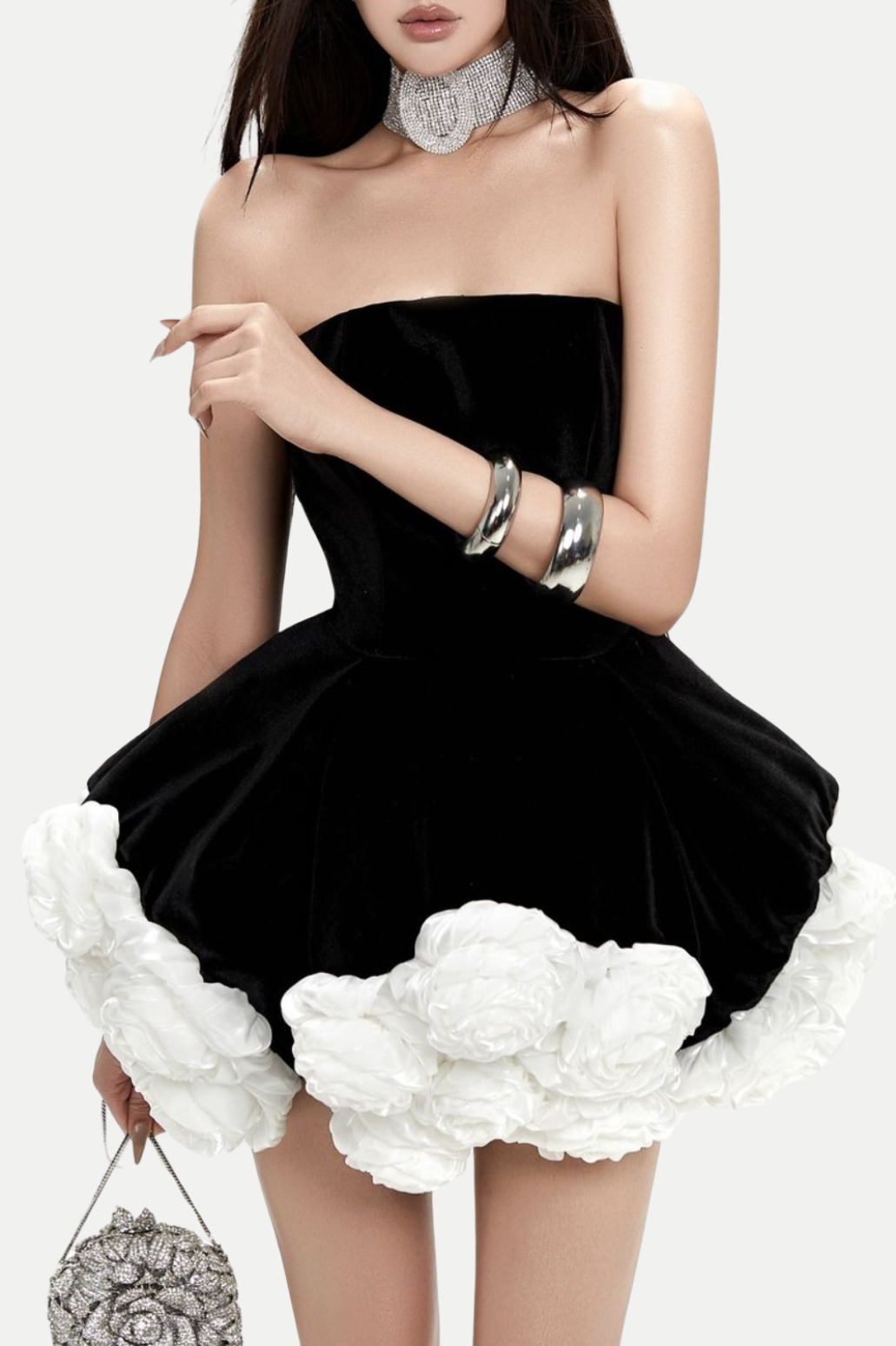 Shop  black dress - Perfect for special occasions | Sebast Flower Strapless Velvet Mini Dress - Black