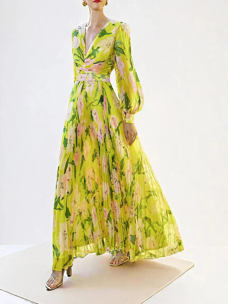 bertha floral print pleated lantern sleeve maxi dress in yellow