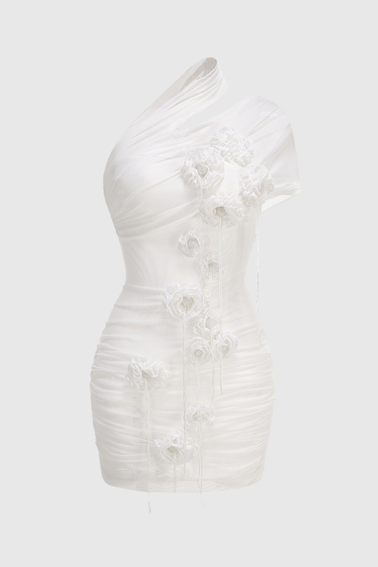 Sheadia One Shoulder Floral Mesh Ruched Mini Dress