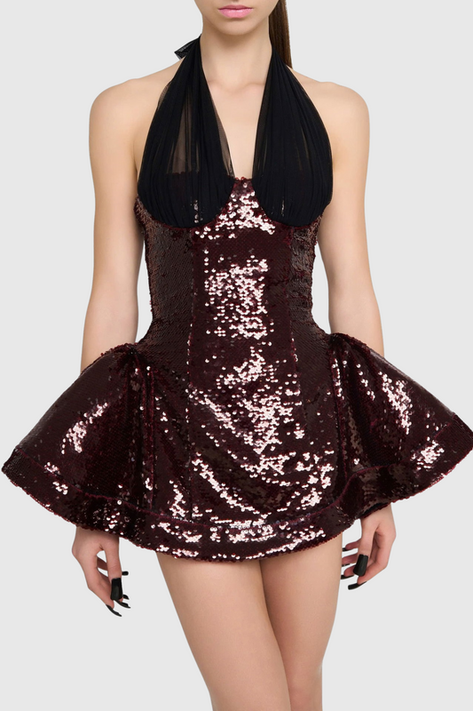 Ellalabel Sonica Mesh Halter Sequin Mini Dress - Crafted from Shimmering Hand-stitched Sequins- Best for Cocktail Parties and Night Out.