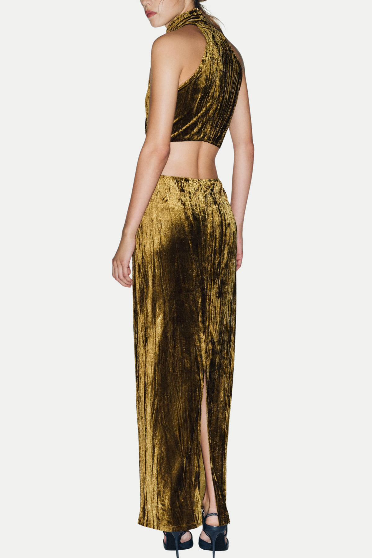 Sudya Halter Velvet Cutout Midi Dress