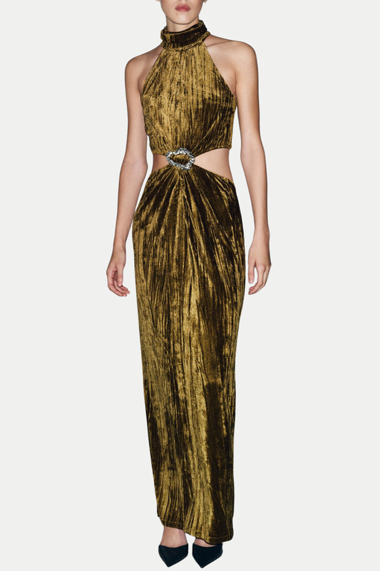 Ellalabel Sudya Halter Velvet Cutout Midi Dress - Crafted from Luxury Velvet- Perfect for Garden Parties and Resort Wear.