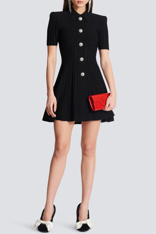 Ellalabel letitia Ribbed Knit Flared Mini Dress in Black - Crafted from Soft-touch Fine Knit- Best for Cocktail Parties and Night Out.