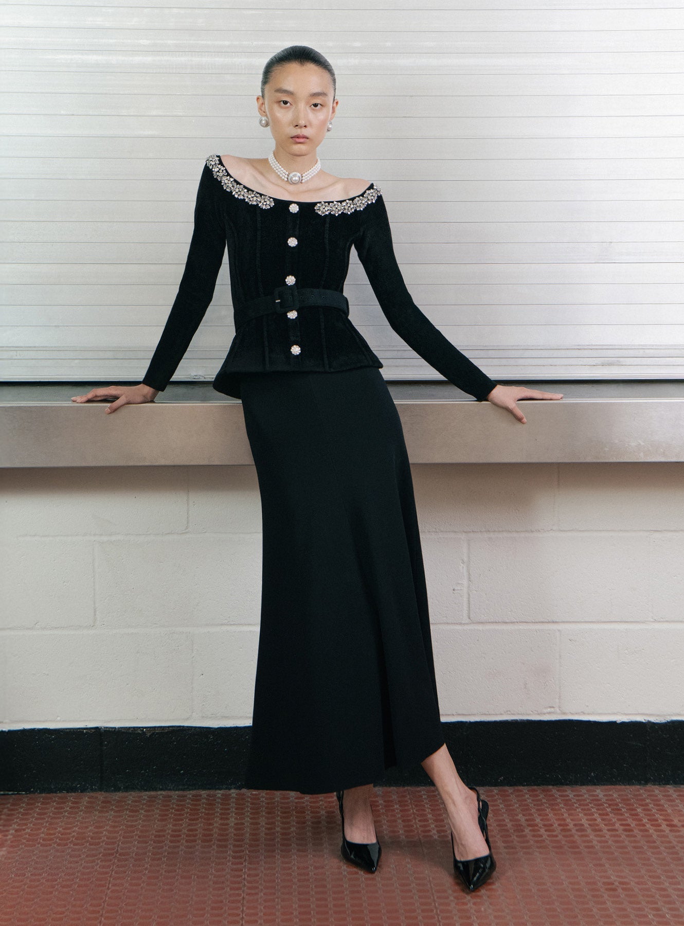 Quinn Black Chenille Knit Crystal Trim Midi Dress