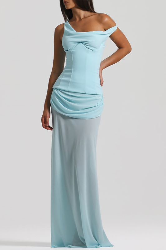 Ellalabel Tafari Off Shoulder Corset Ruched Maxi Dress - Blue - Crafted from High-quality Fabrication- Ideal for Wedding Guest and Formal Galas.