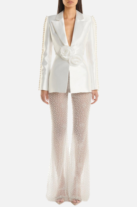 Ellalabel Tanith Floral Pearl Backless Blazer Set in WHITE - Crafted from High-quality Fabrication- Perfect for Garden Parties and Resort Wear.