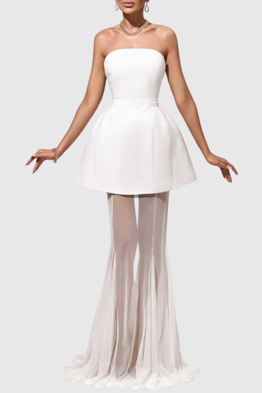 Ellalabel Terlin Strapless Top & Skirt Set - White - Crafted from High-quality Fabrication - Designed for Elegant Occasions.